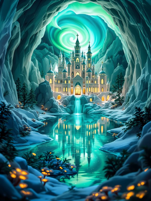 Enchanted Ice Castle Aurora Fantasy Wallpaper