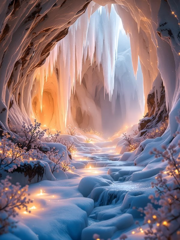 Enchanted Ice Cave with Glowing Flowers & Stream