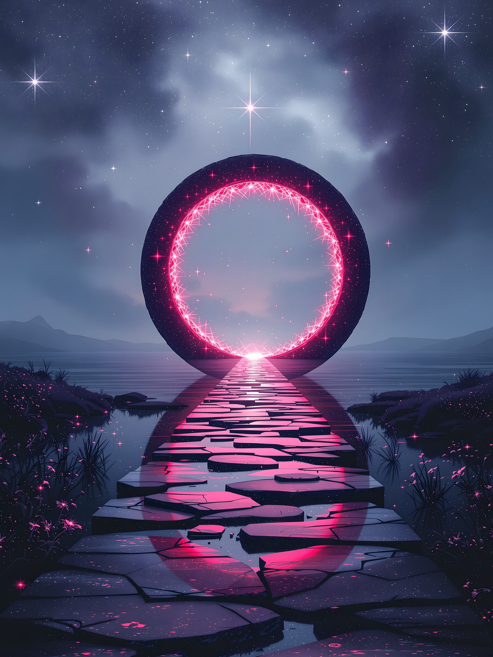 Cosmic Portal Over Water at Twilight, cosmic portal, glowing ring, fantasy landscape, twilight sky, starry night, pink glow