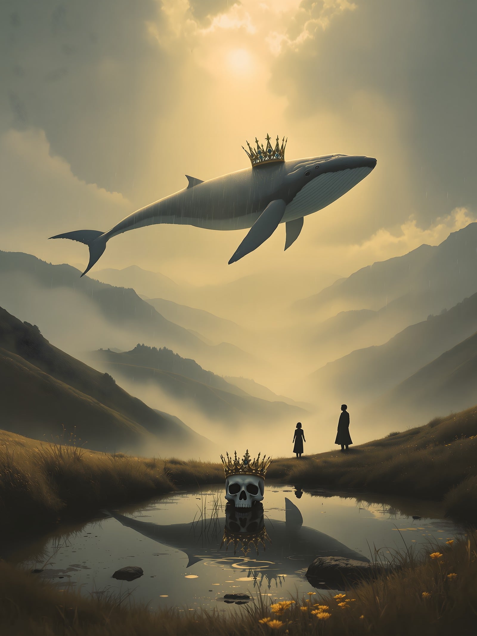 Flying Whale & Skull Crown in Misty Valley, flying whale, fantasy, surreal, skull crown, misty valley, golden hour