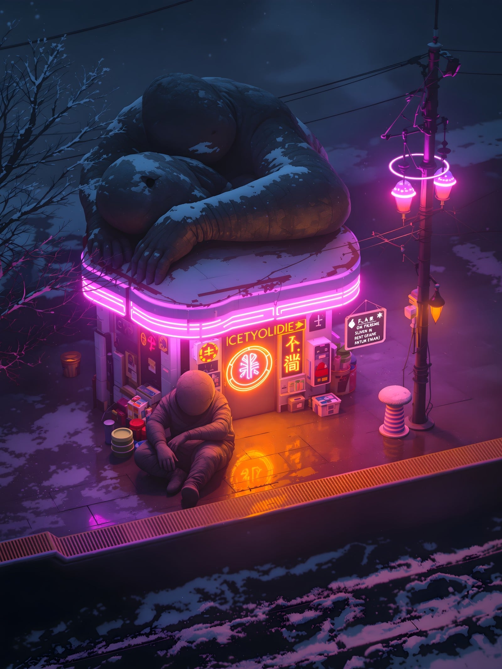 Neon Winter Street with Giant Sleeping Figure, cyberpunk, futuristic, neon, winter, snow, giant figure
