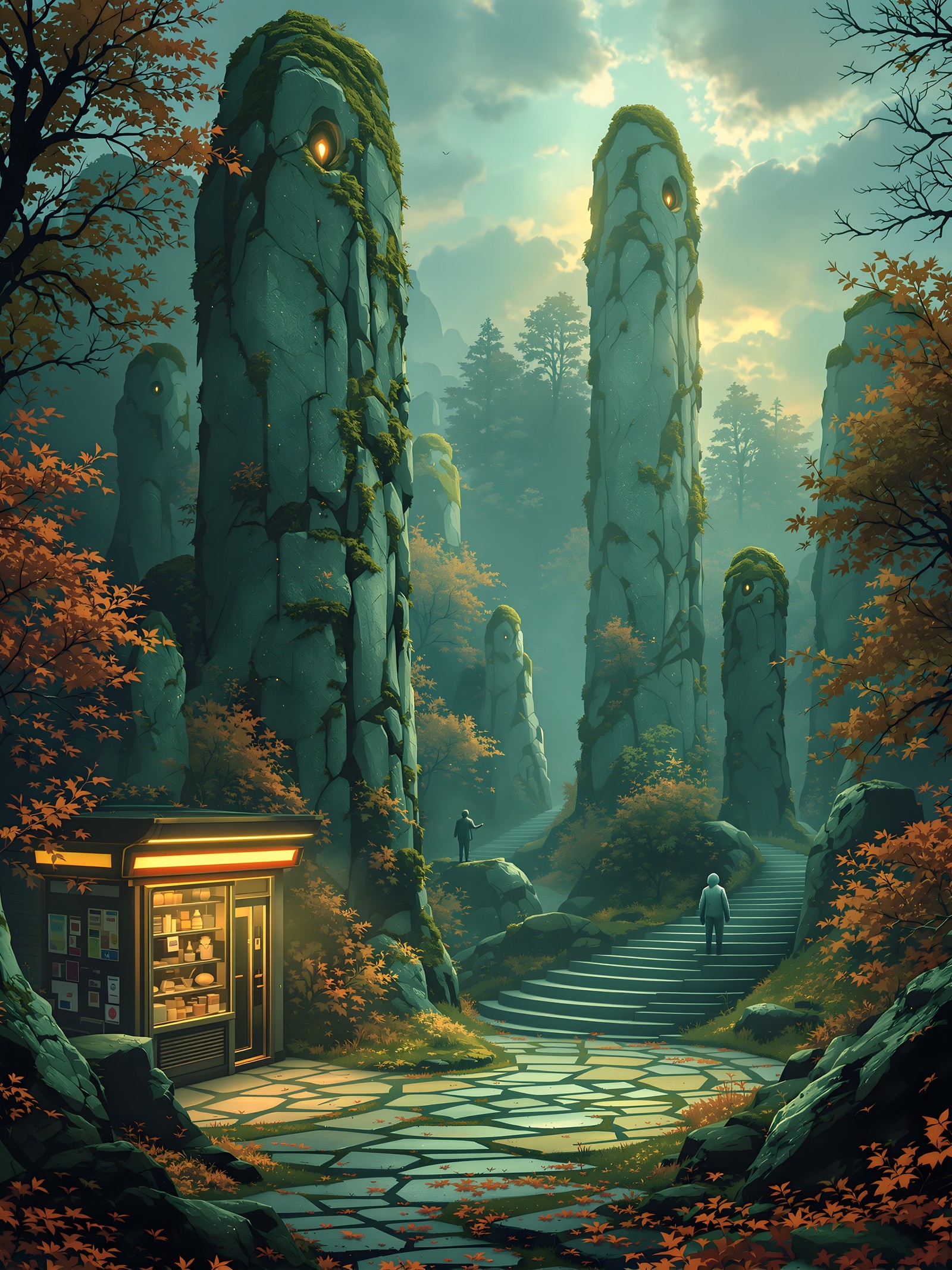 Mystic Pillars Path in Autumn Fantasy Forest, fantasy forest, mystic pillars, autumn leaves, glowing stones, enchanted path, digital painting