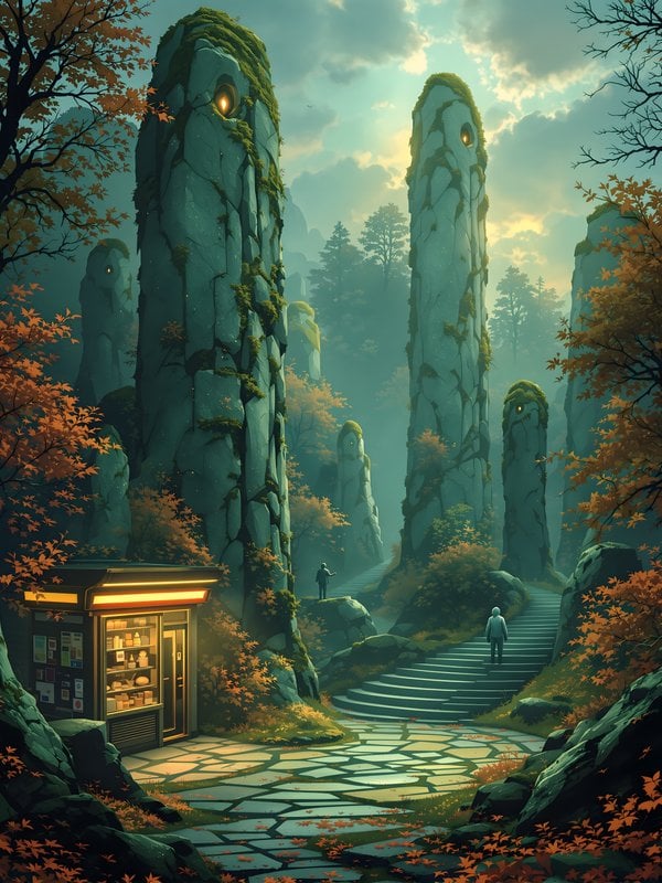 Mystic Pillars Path in Autumn Fantasy Forest