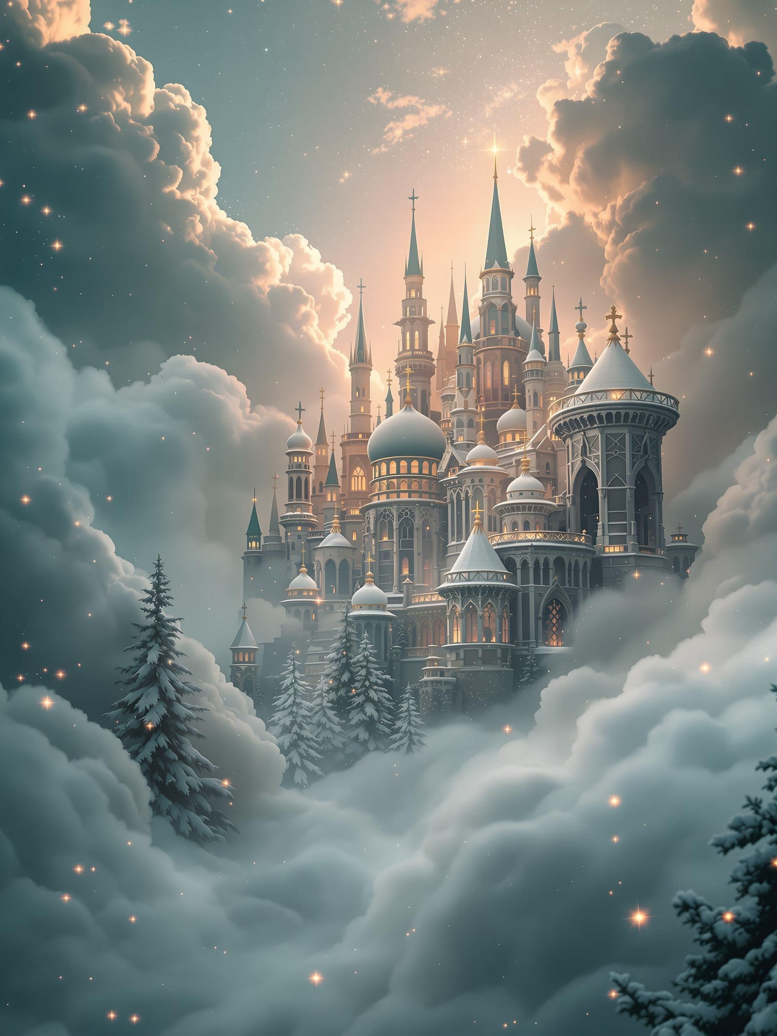 Enchanted Winter Castle in Cloud Kingdom, fantasy castle, cloud kingdom, winter wonderland, enchanted, dreamy, magical