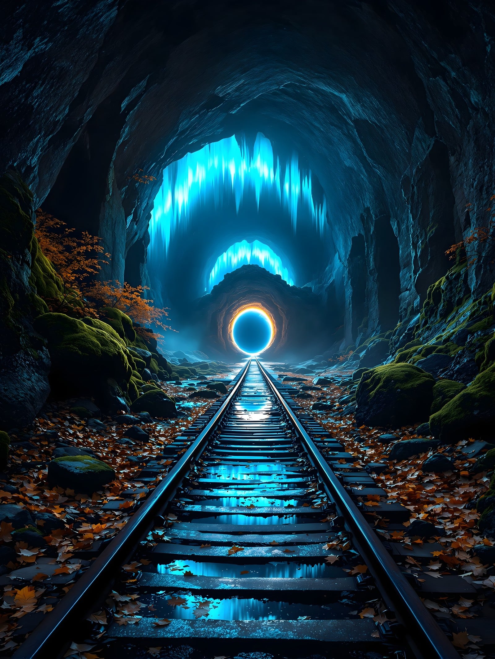 Mystic Cave Train Tracks Portal Wallpaper, cave, portal, train tracks, glowing, fantasy, mystical