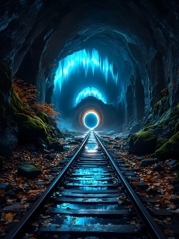 Mystic Cave Train Tracks Portal Wallpaper