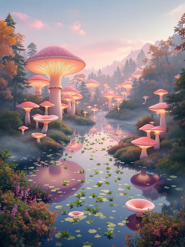 Enchanted Forest with Glowing Mushrooms & River