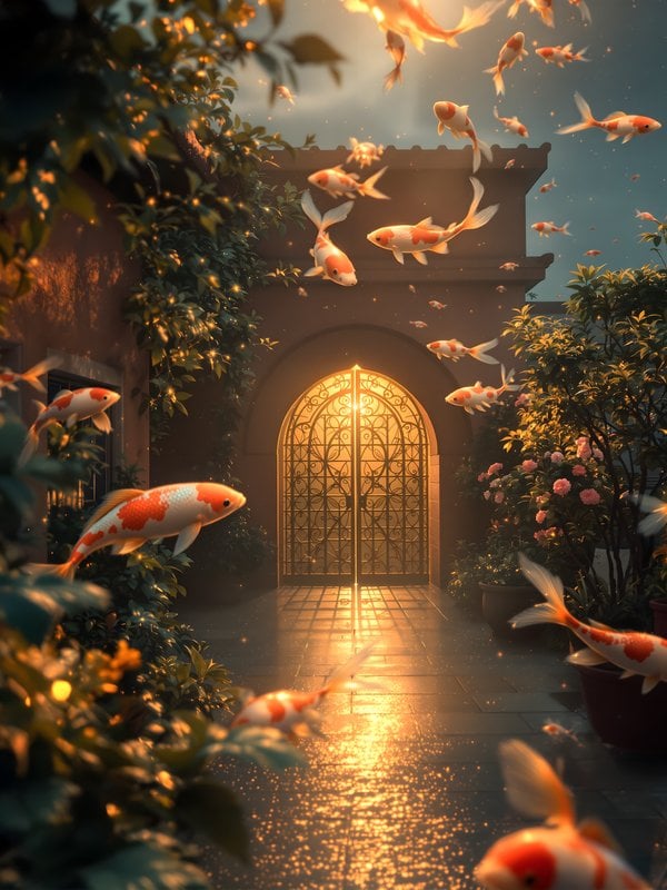 Flying Koi Fish at Golden Hour Gate