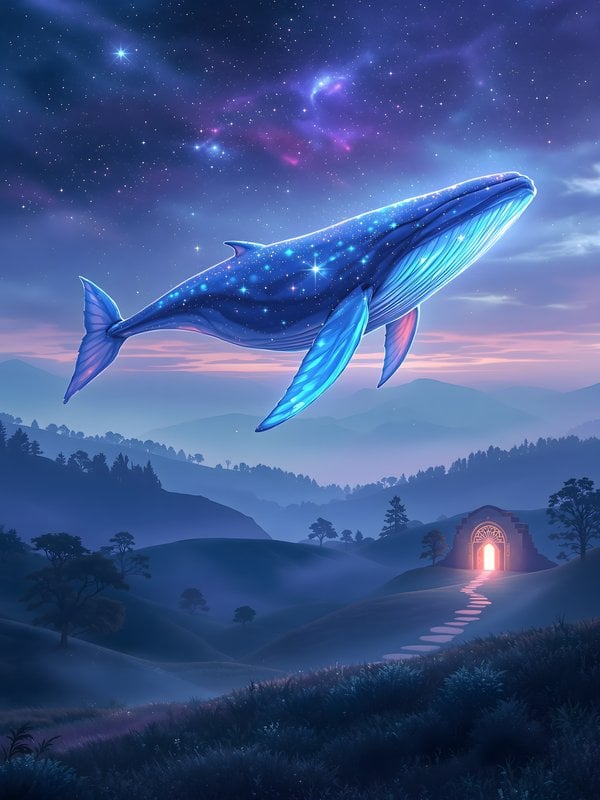 Cosmic Whale over Mystical Landscape Gate