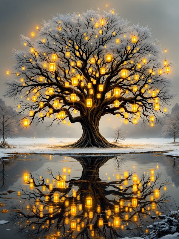 Winter Lantern Tree Reflection Wallpaper