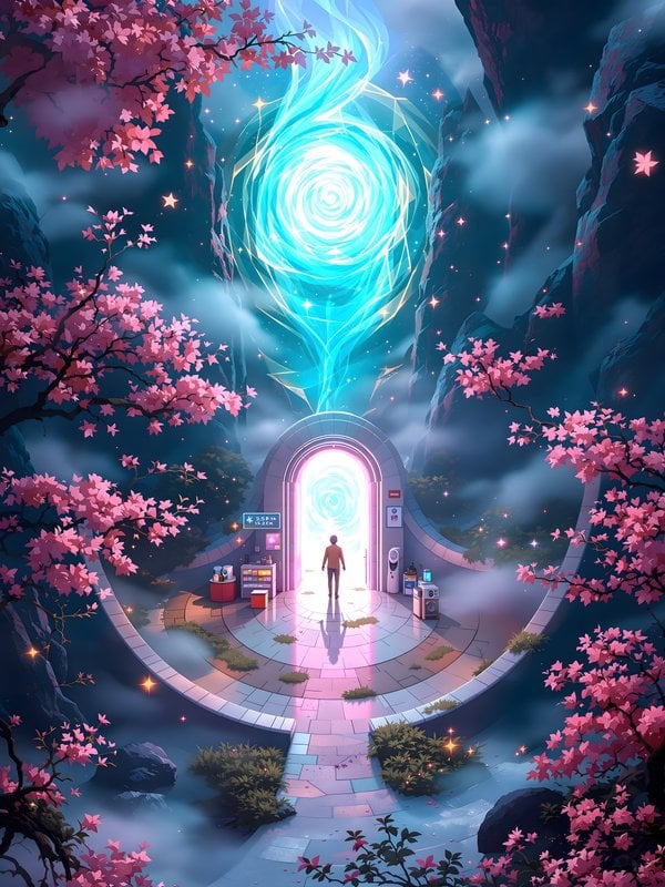Sakura Portal Gateway Night Fantasy Wallpaper