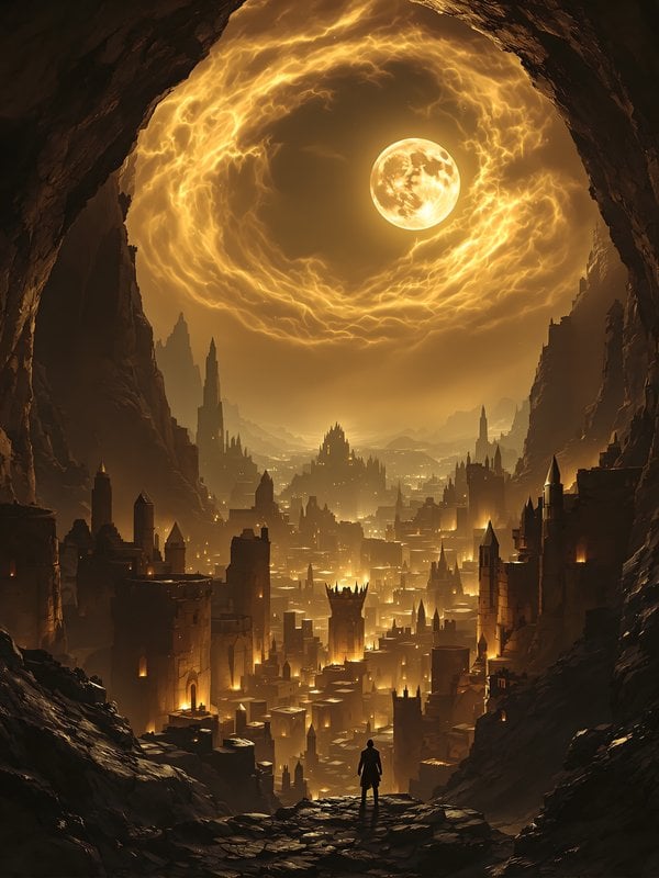 Fantasy Cave City Under Golden Moon