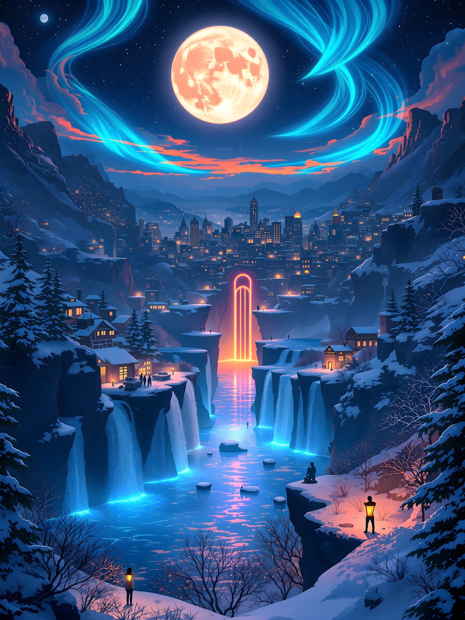 Winter City at Night with Northern Lights & Full Moon, winter city, night, northern lights, aurora, full moon, fantasy landscape
