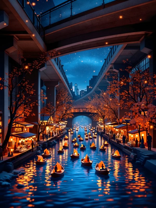 Night Festival River Boats & City Bridges