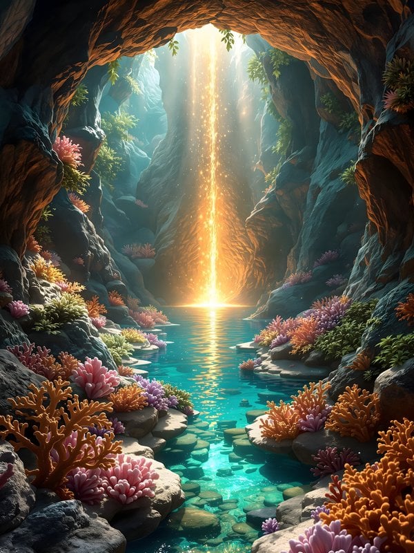Mystic Cave Lake with Glowing Light Waterfall