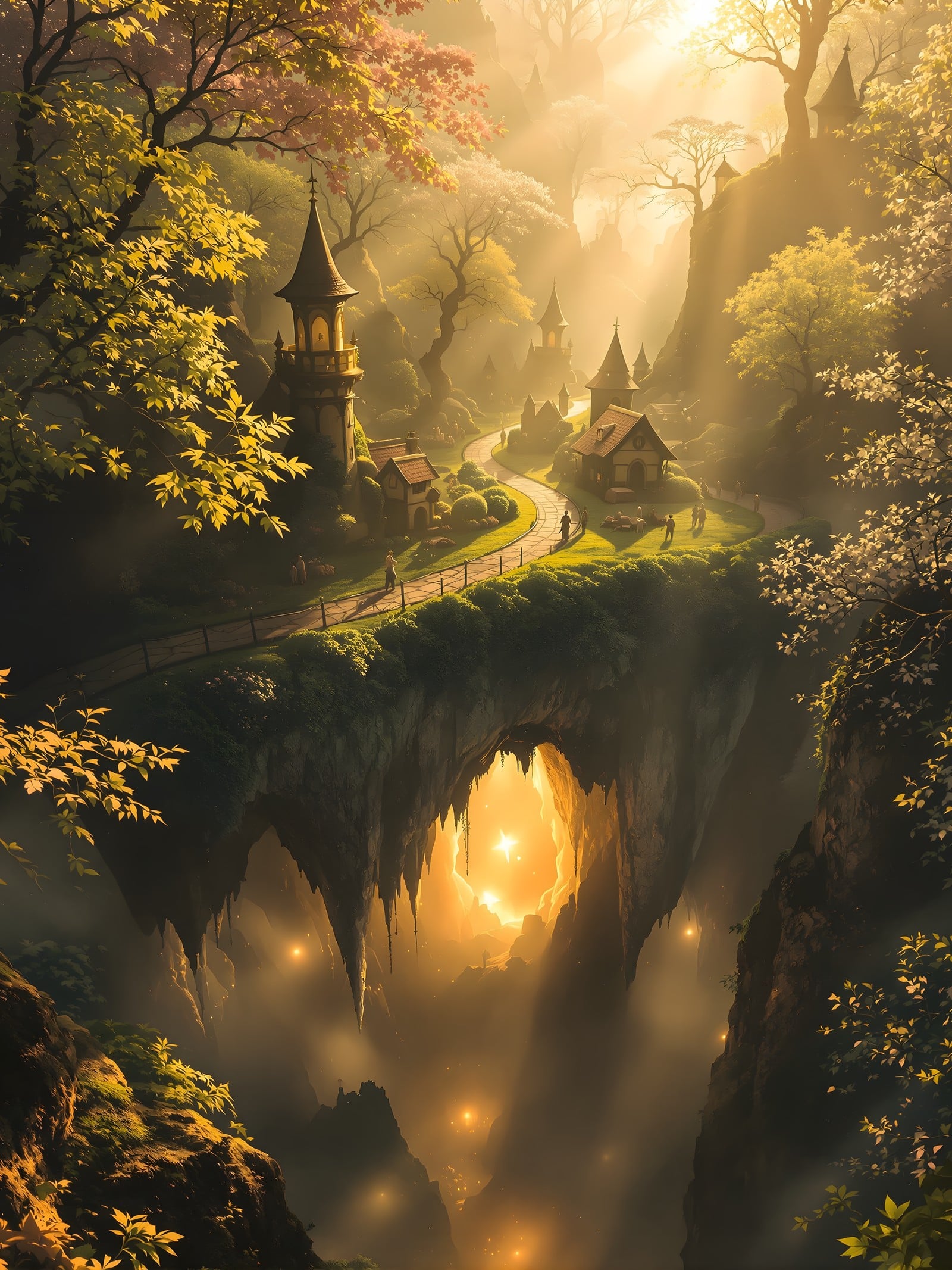 Enchanted Fantasy Village Golden Hour, fantasy village, enchanted forest, golden hour, magical landscape, glowing cave, fairytale