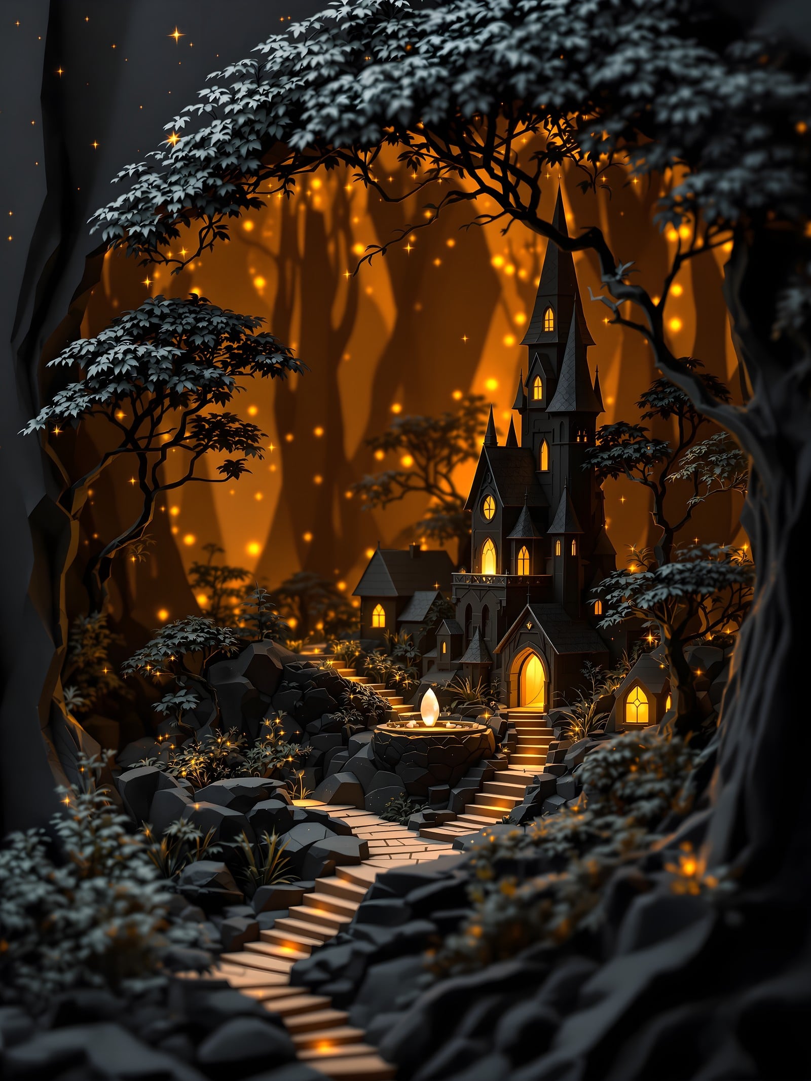 Enchanted Castle Path at Golden Hour, fantasy castle, enchanted forest, magical lights, dark fantasy, gothic fantasy, golden hour