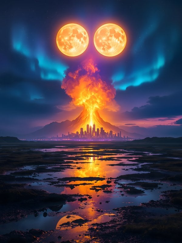 Twin Suns & Fiery Volcano City Aurora