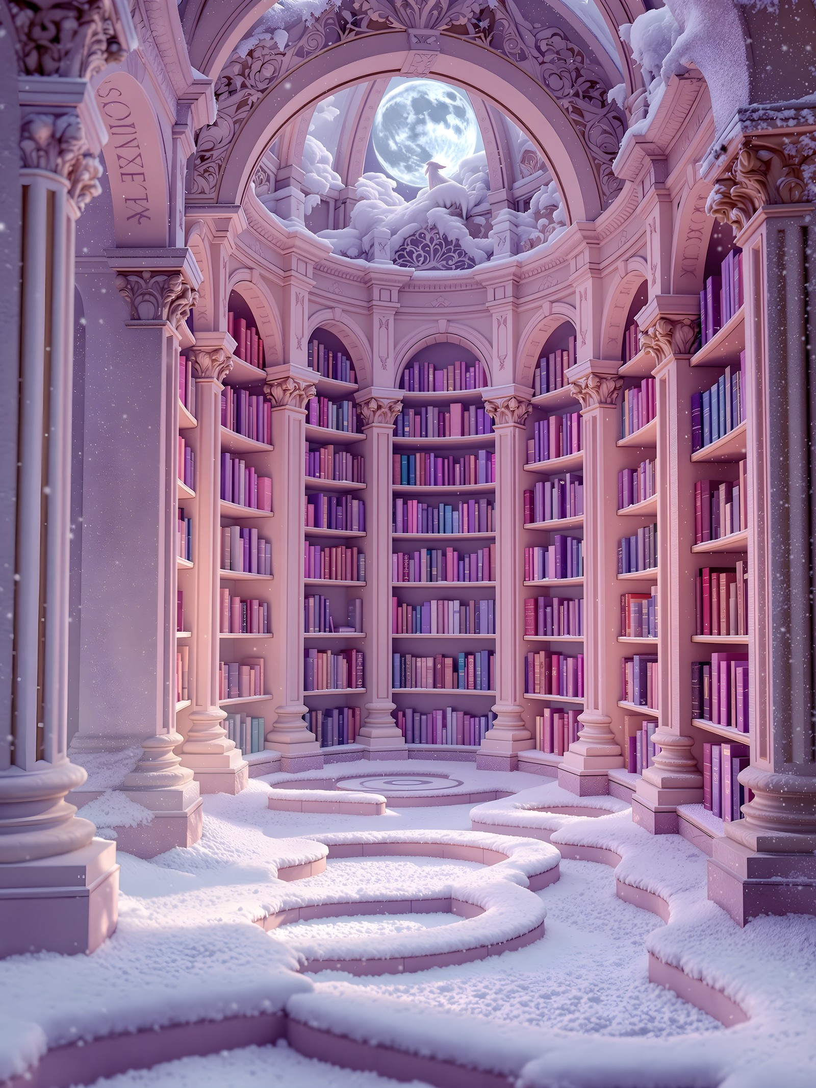 Winter Fantasy Library Moonlight Wallpaper, fantasy library, winter magic, moonlit scene, snowy architecture, purple aesthetic, pink pastel