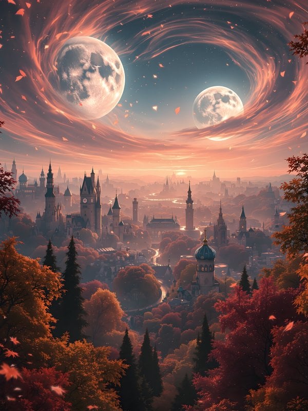 Fantasy City Autumn Moons Wallpaper