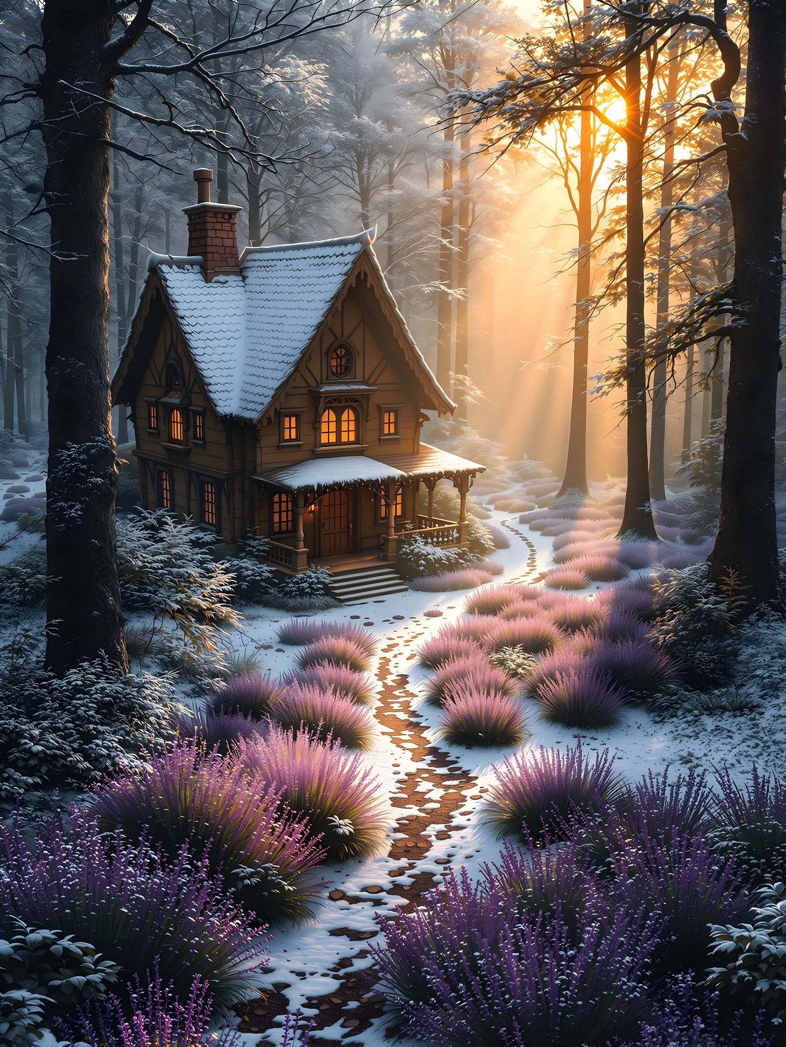 Winter Forest Cabin with Purple Flowers at Sunset, winter cabin, snowy forest, purple flowers, sunset, golden hour, cozy aesthetic