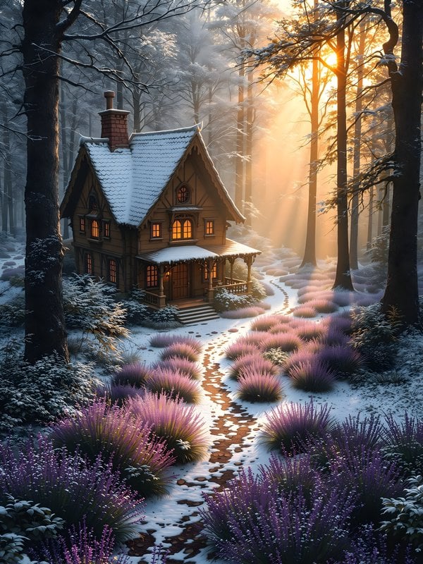 Winter Forest Cabin with Purple Flowers at Sunset