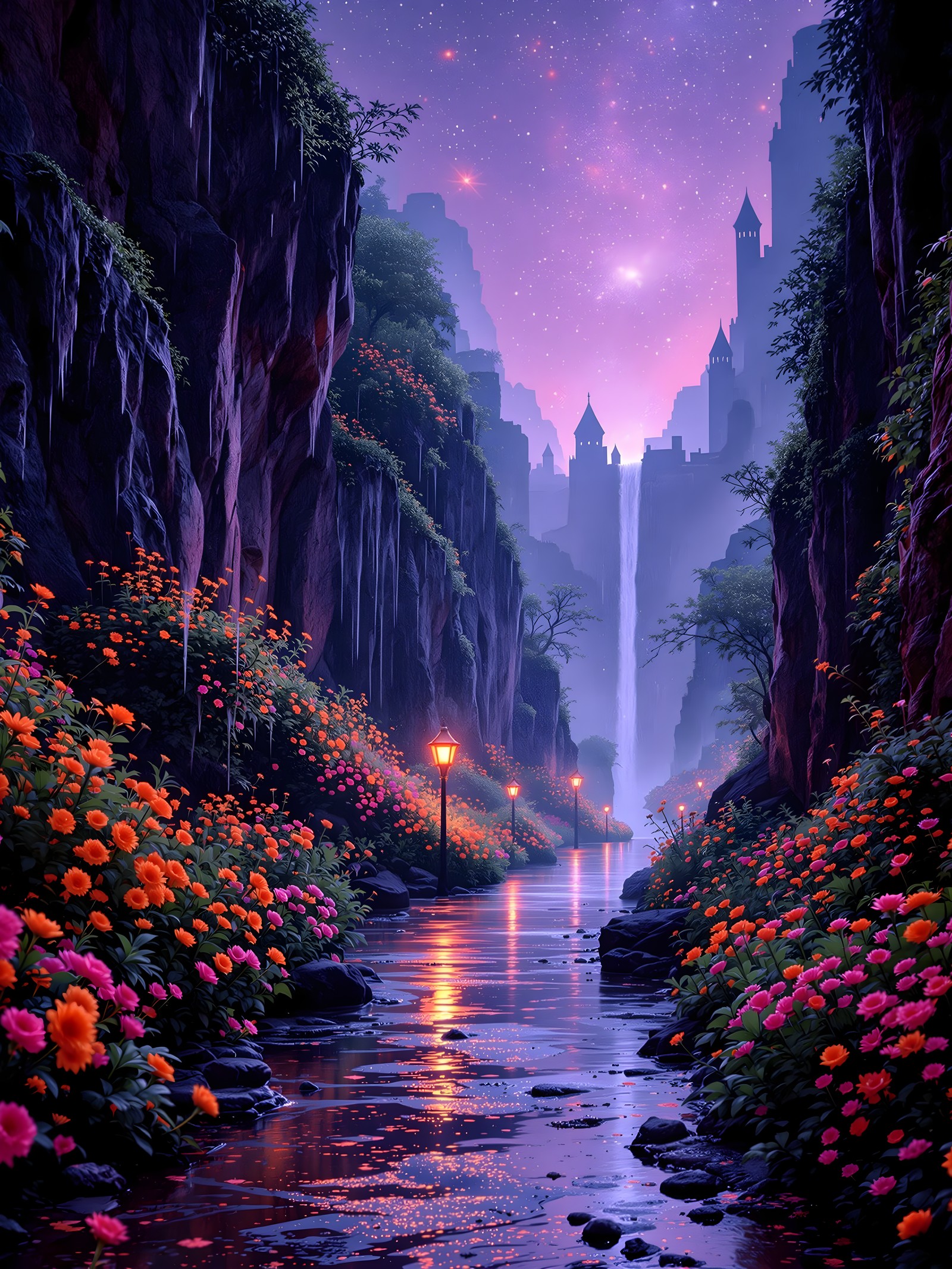 Fantasy Glowing River Path with Waterfall City, fantasy river, glowing flowers, magical path, starry sky, waterfall city, purple aesthetic