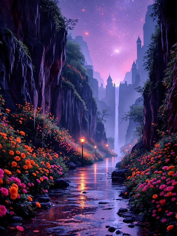 Fantasy Glowing River Path with Waterfall City