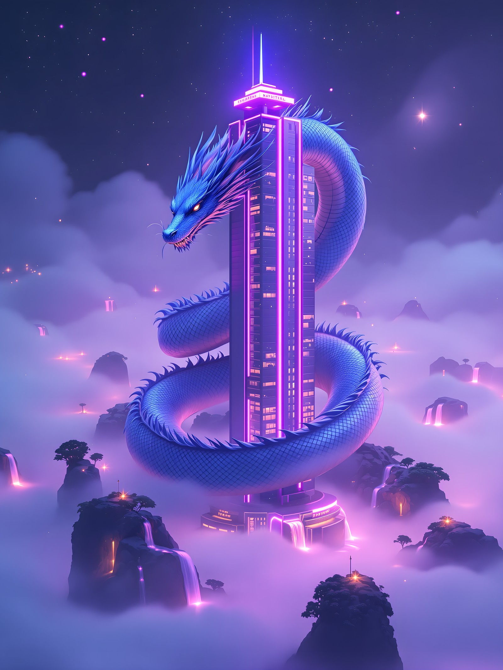 Neon Dragon Skyscraper in Mystical Purple Fog, neon dragon, fantasy city, purple fog, futuristic, skyscraper, mythical creature