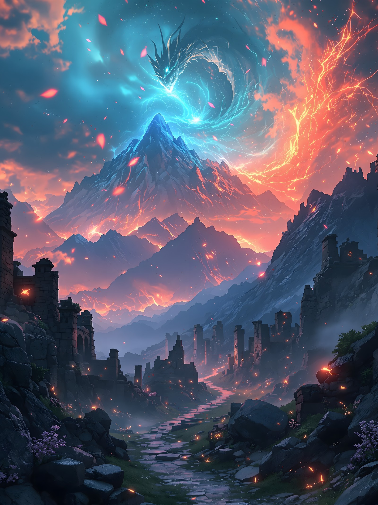Epic Dragon Spirit Over Fantasy Mountains & Ruins, fantasy dragon, epic landscape, mythical creature, glowing mountains, ruins, magic
