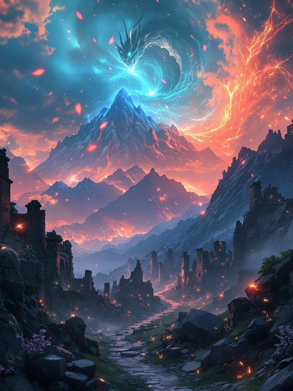 Epic Dragon Spirit Over Fantasy Mountains & Ruins