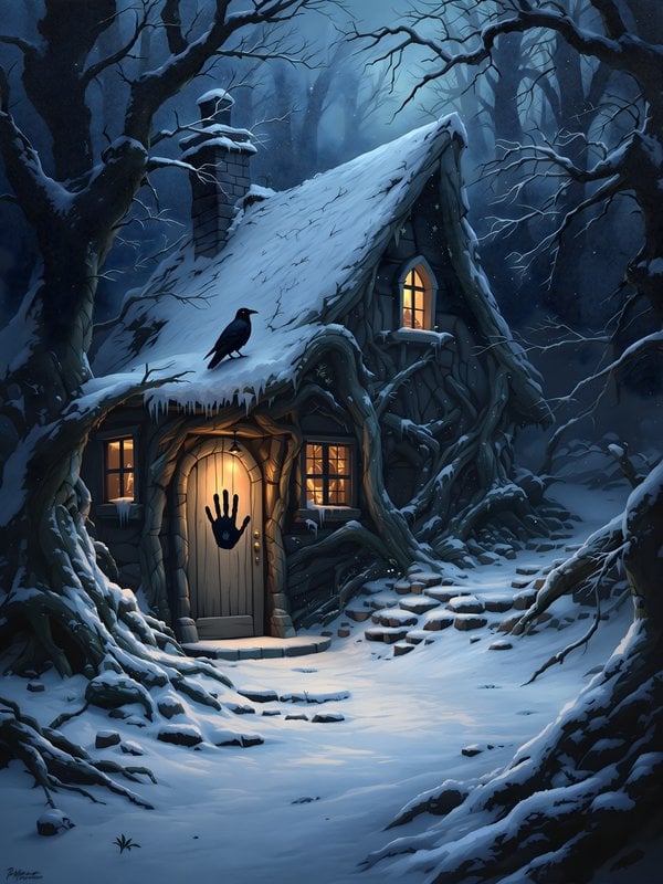 Snowy Enchanted Forest Cottage with Raven