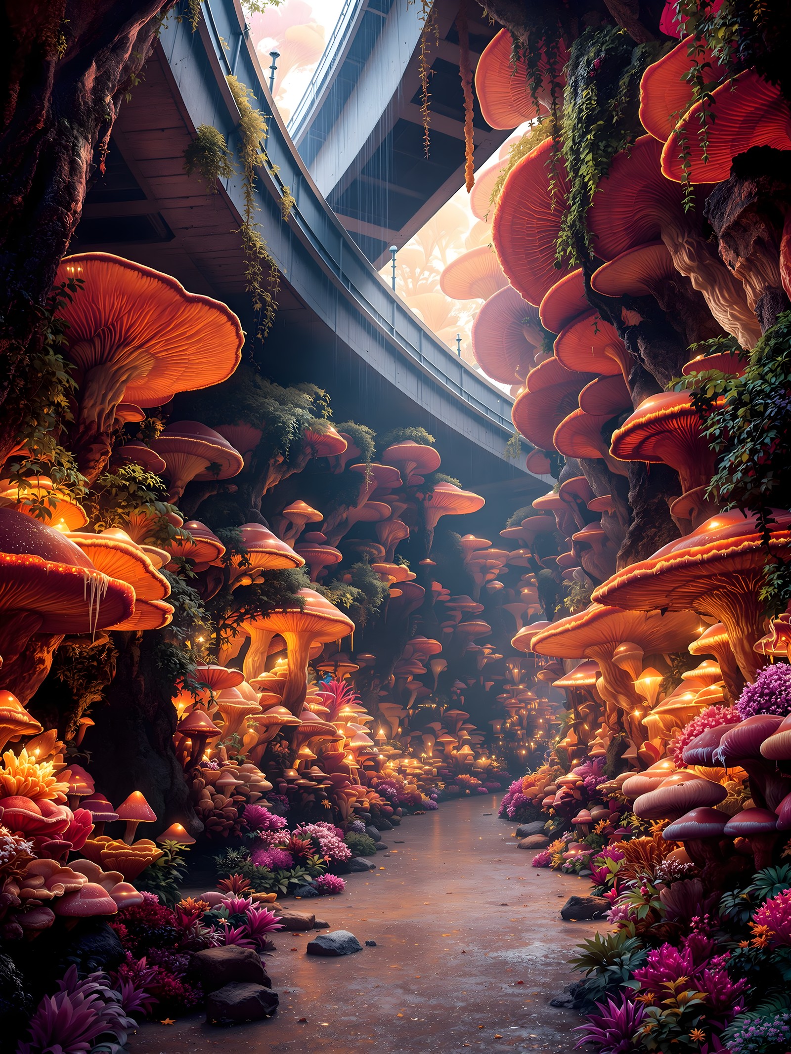 Fantasy Mushroom Forest Under Highway, fantasy, mushroom forest, bioluminescent, glowing mushrooms, underpass, urban fantasy