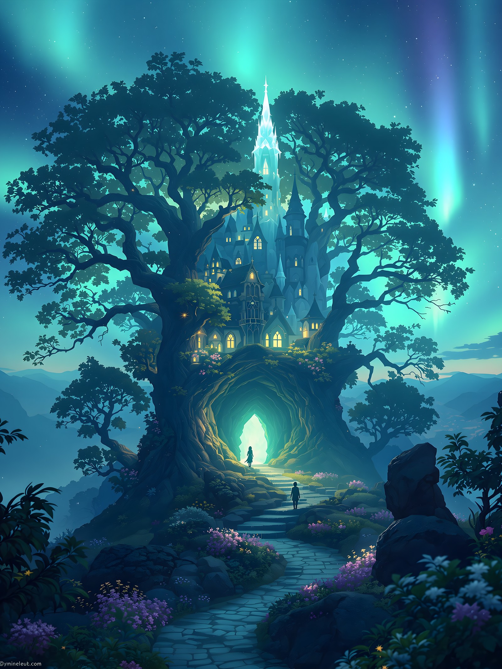 Enchanted Tree Castle Northern Lights Fantasy, fantasy castle, treehouse, enchanted forest, aurora borealis, northern lights, magical wallpaper