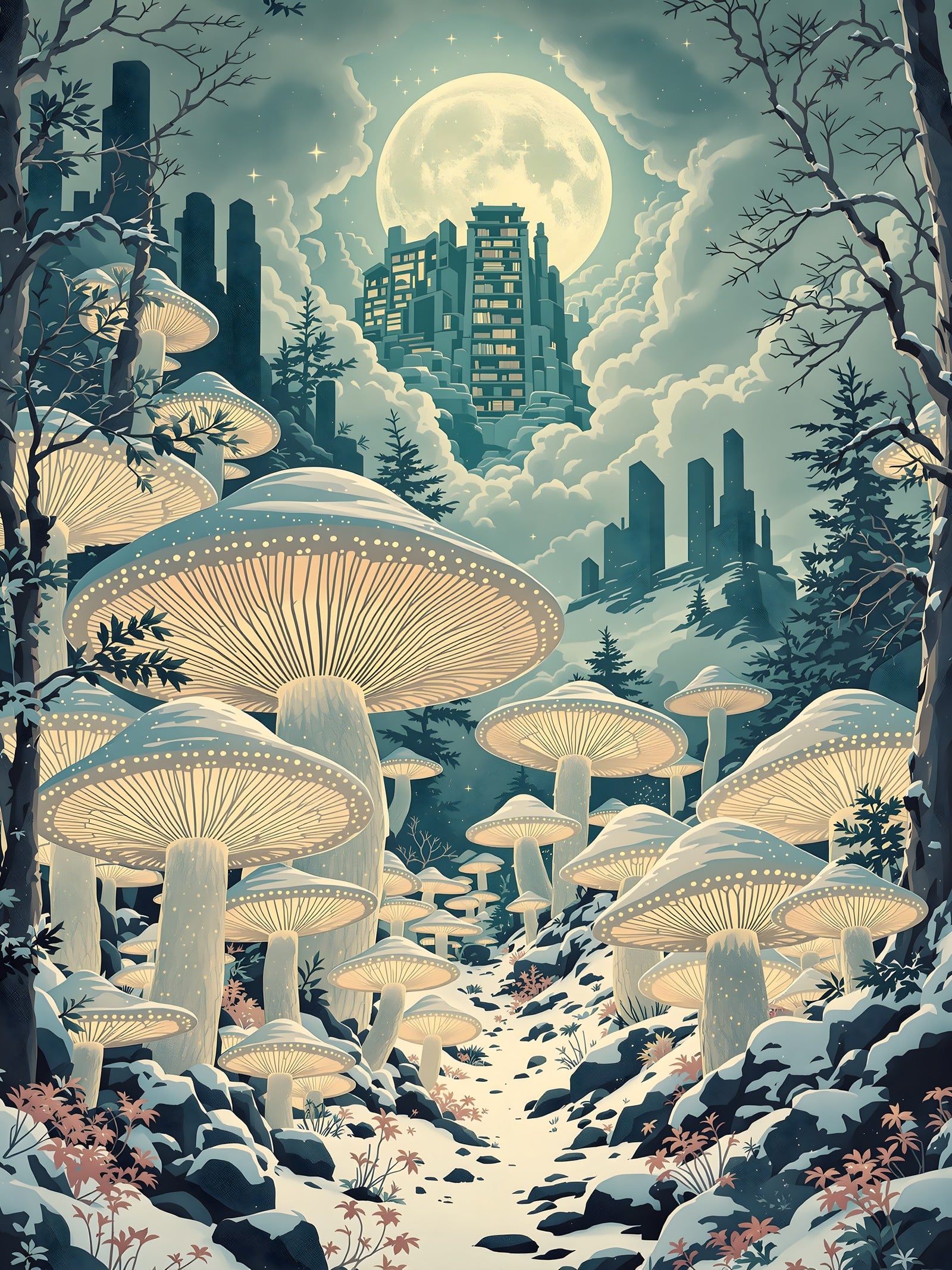 Moonlit Fungi Forest City Winter Wonderland, fantasy forest, glowing mushrooms, winter wonderland, moonlight, surreal cityscape, aesthetic wallpaper