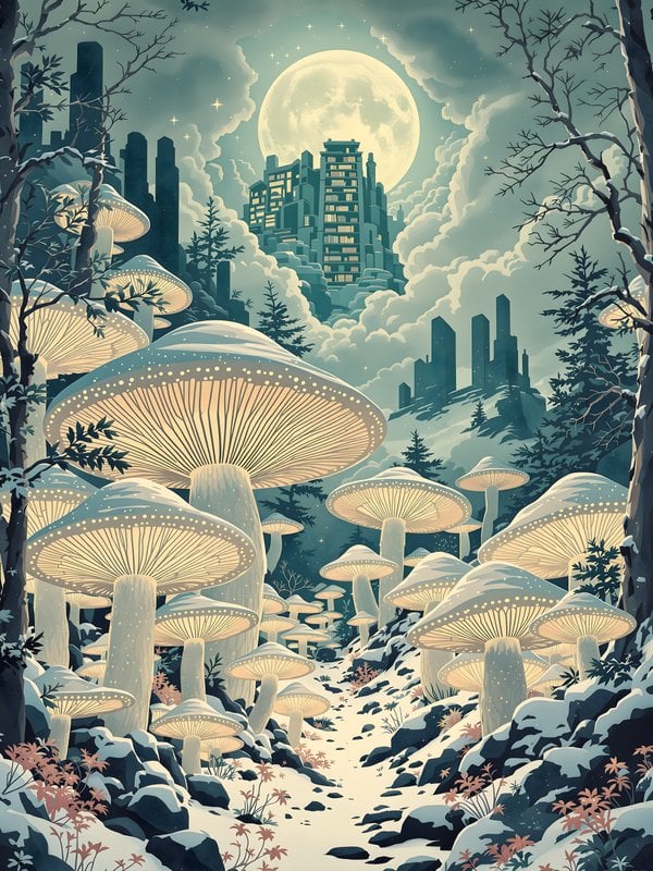Moonlit Fungi Forest City Winter Wonderland