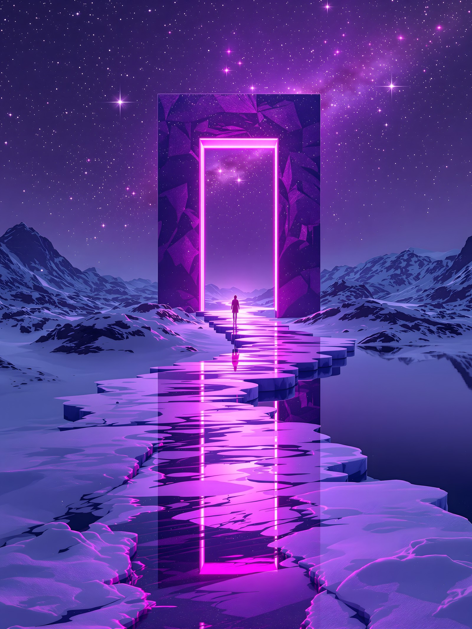 Neon Portal in Winter Night Landscape, neon portal, winter landscape, purple sky, stars, fantasy, vaporwave
