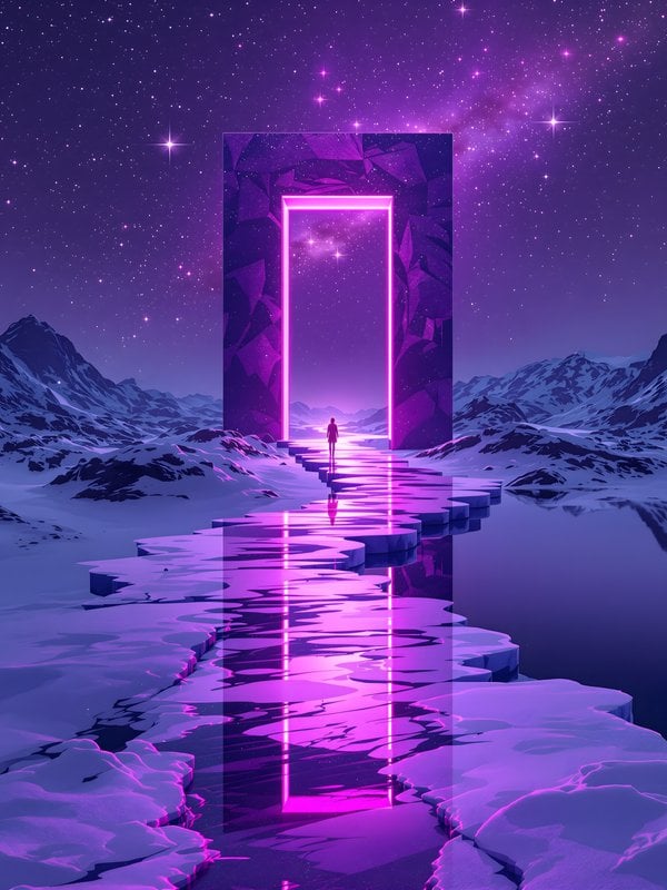 Neon Portal in Winter Night Landscape