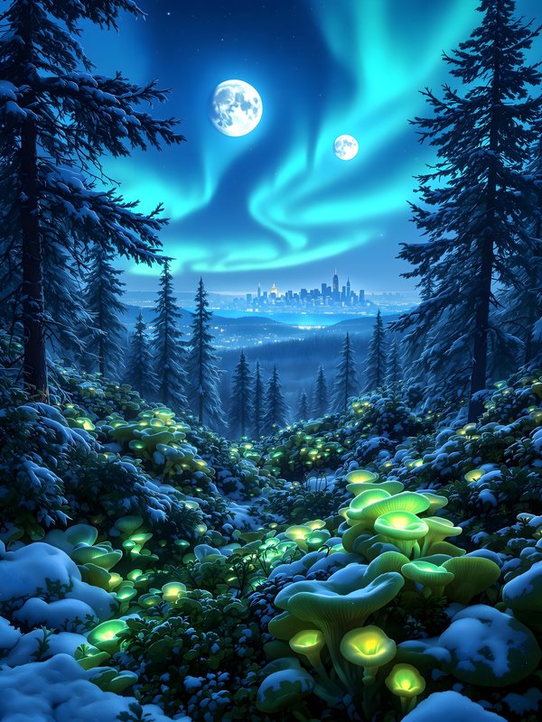 Winter Forest City Northern Lights Moon Glow Mushrooms