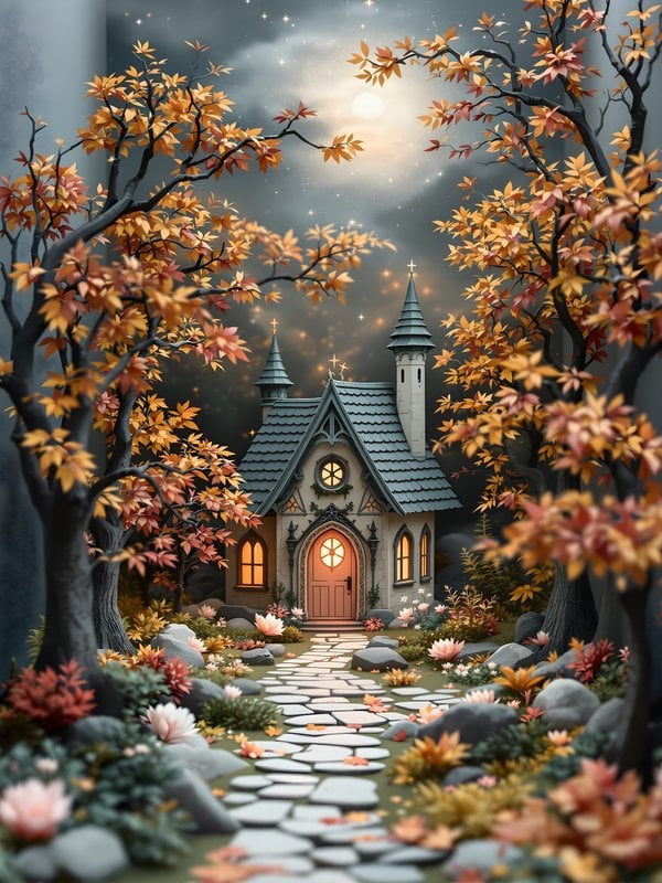 Enchanted Cottage Autumn Night Fantasy Wallpaper