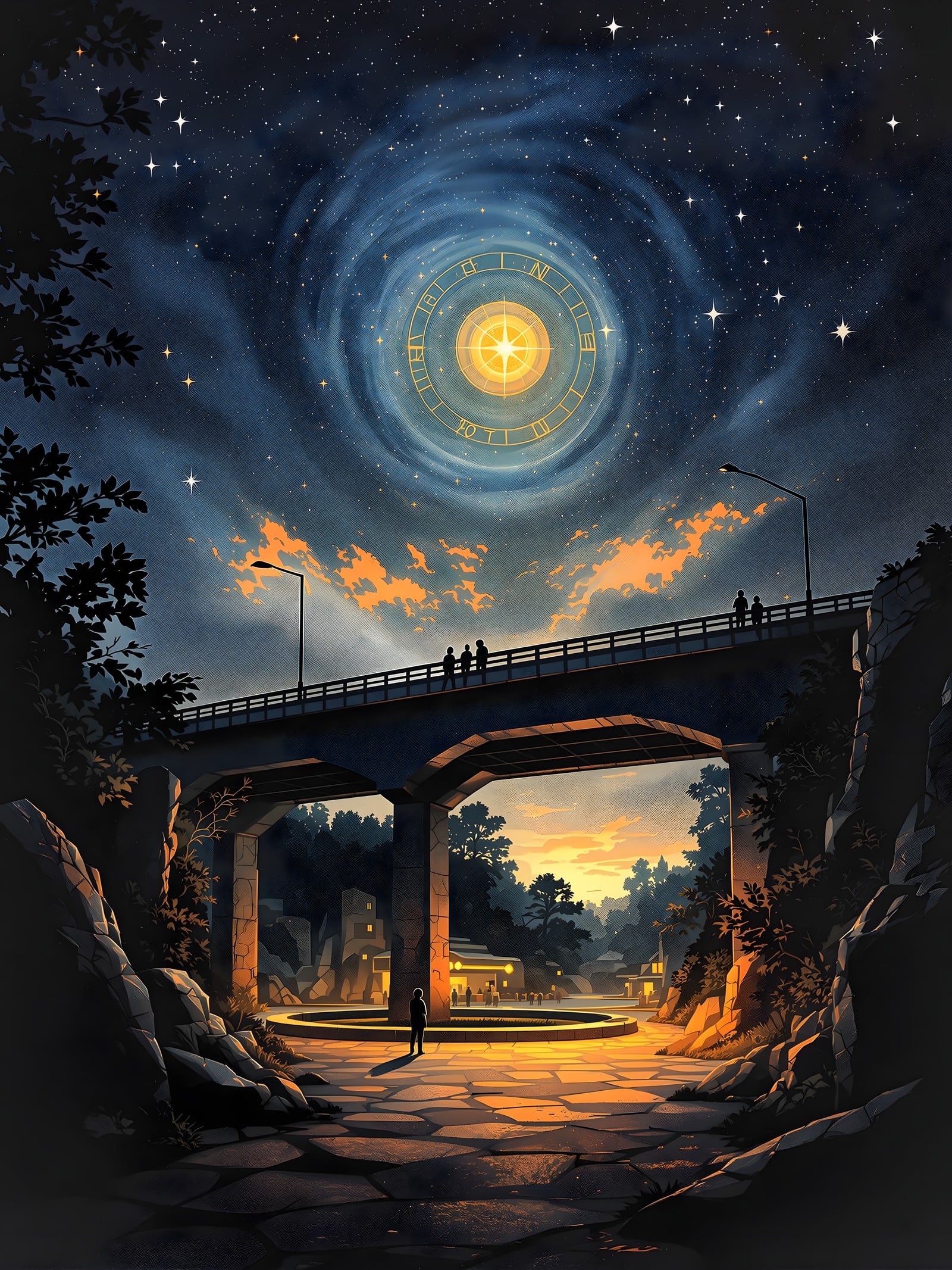 Celestial Compass Bridge Night Sky Wallpaper, celestial, night sky, bridge, stars, fantasy, astrology