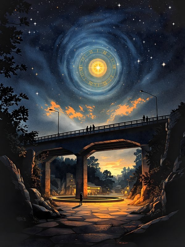 Celestial Compass Bridge Night Sky Wallpaper