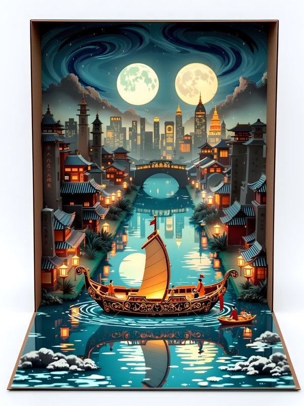 Dual Moonlit Asian City River Pop-up Scene