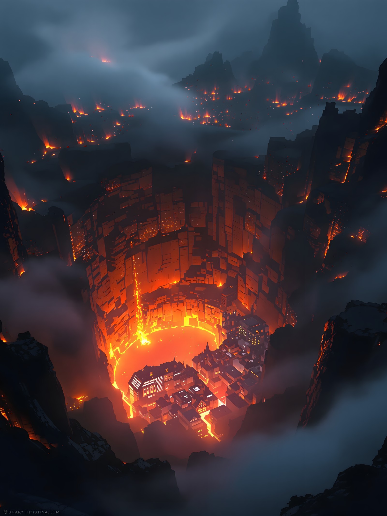 Fantasy Valley City with Lava Flow, fantasy city, lava, volcano, dark fantasy, mysterious, glowing