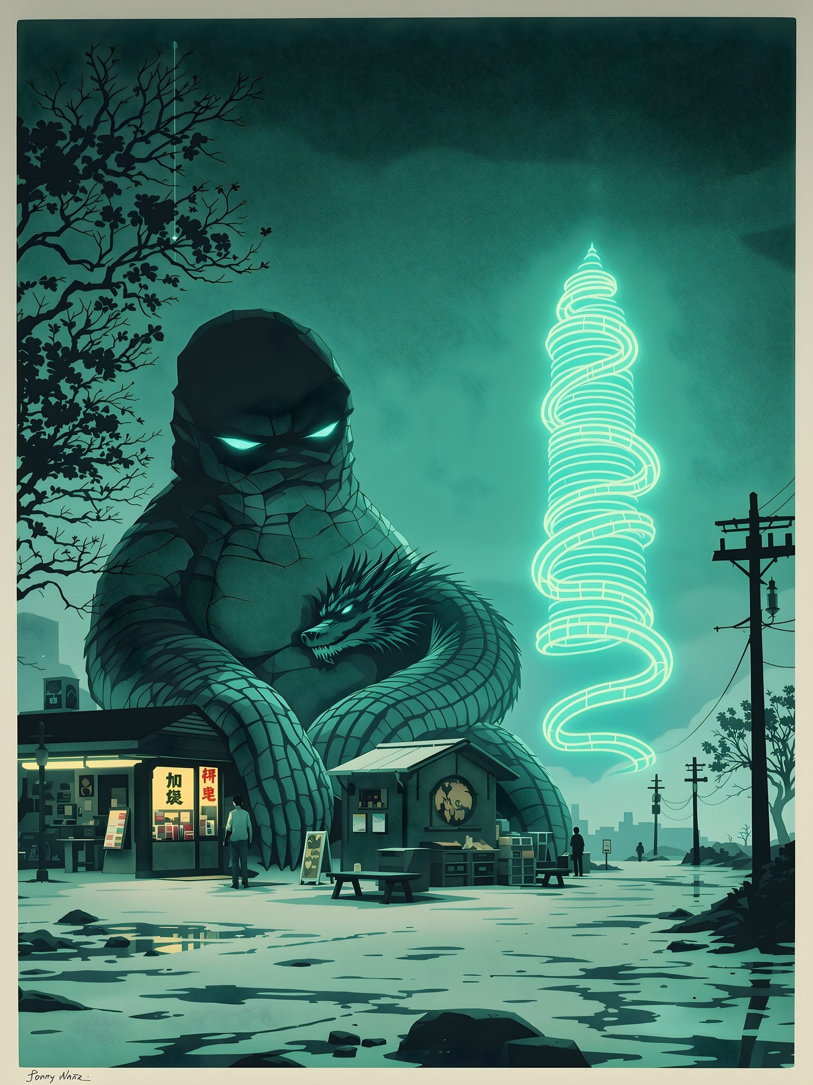 Kaiju & Dragon Guardian City at Night Wallpaper, kaiju, dragon, urban fantasy, neon lights, japanese city, monster