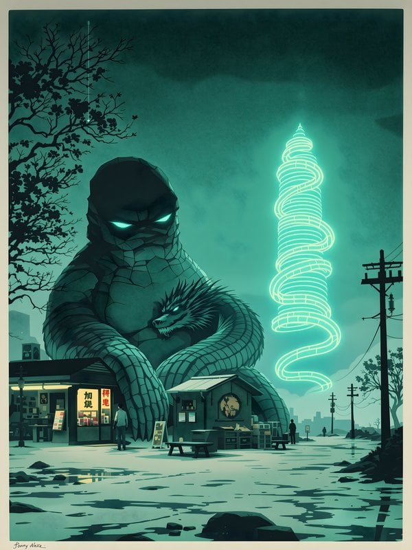 Kaiju & Dragon Guardian City at Night Wallpaper