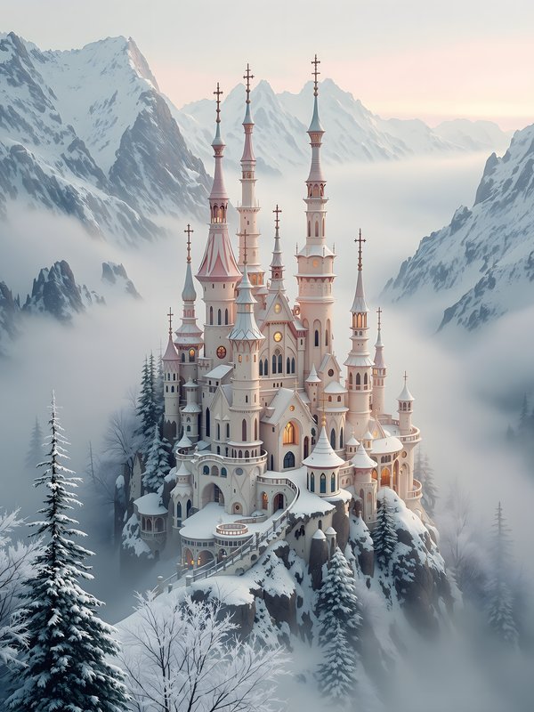Winter Castle in Misty Snow Mountains Wallpaper