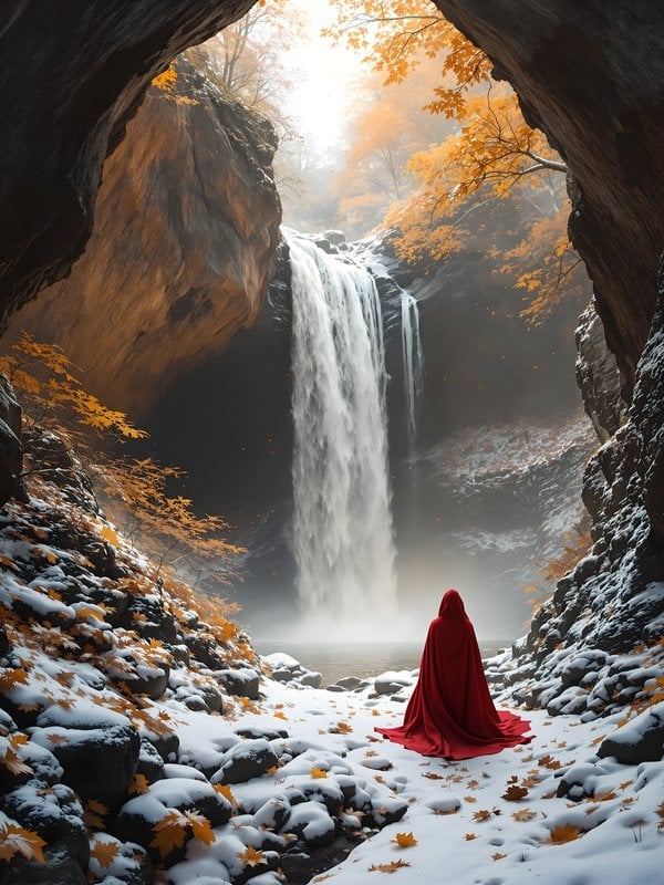 Mystical Waterfall in Autumn Snow with Red Cloak