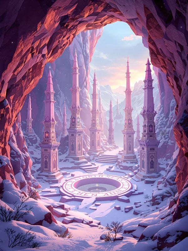 Winter Cave Fantasy Temple Landscape Wallpaper