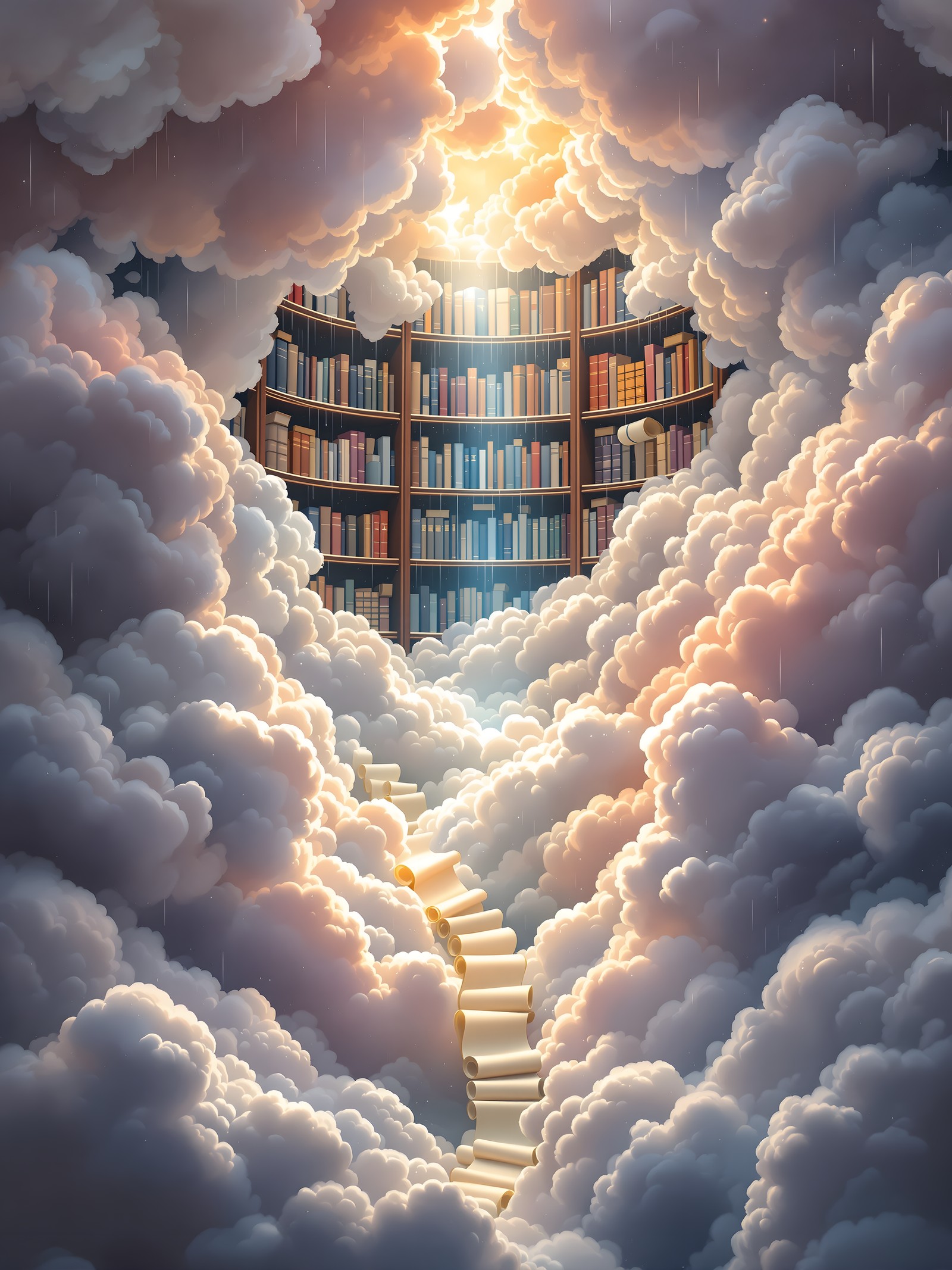 Heavenly Library in Clouds: Scroll Staircase to Knowledge, heavenly library, cloud staircase, fantasy art, dreamy aesthetic, celestial bookshelf, knowledge
